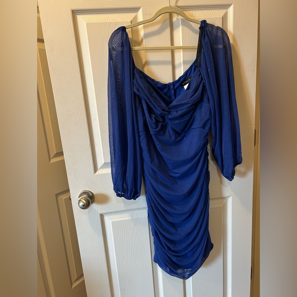 B Darlin Plus 20W Royal Blue Dress Long Sleeves Sparkly Snug Fit NWT